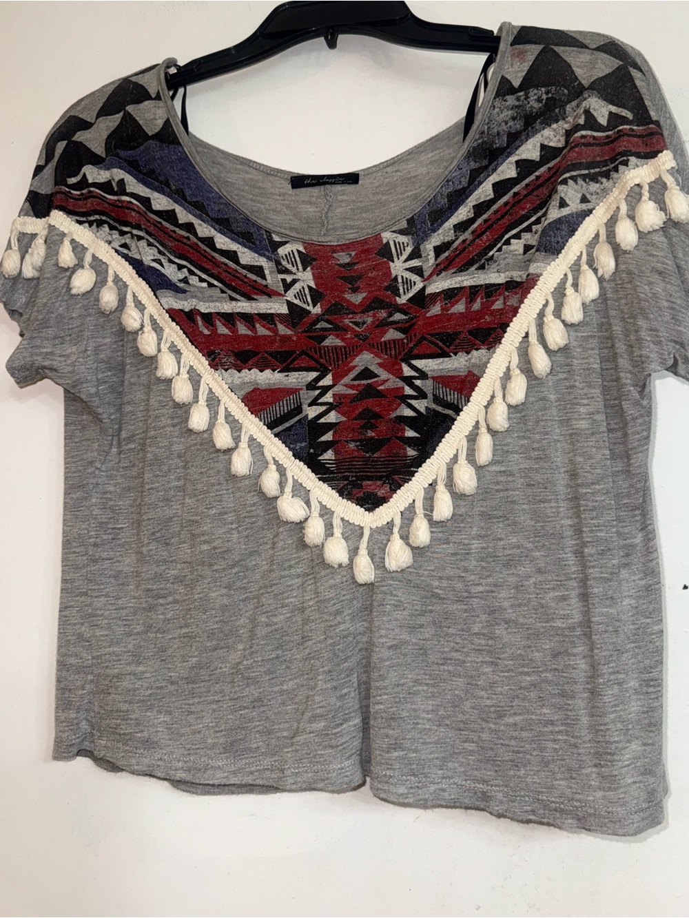 Gray Tee with Red & Blue Aztec Print and Cream Tassels